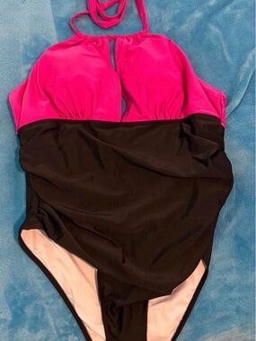 Halter One-Piece Swimsuit in Bright Pink and Black